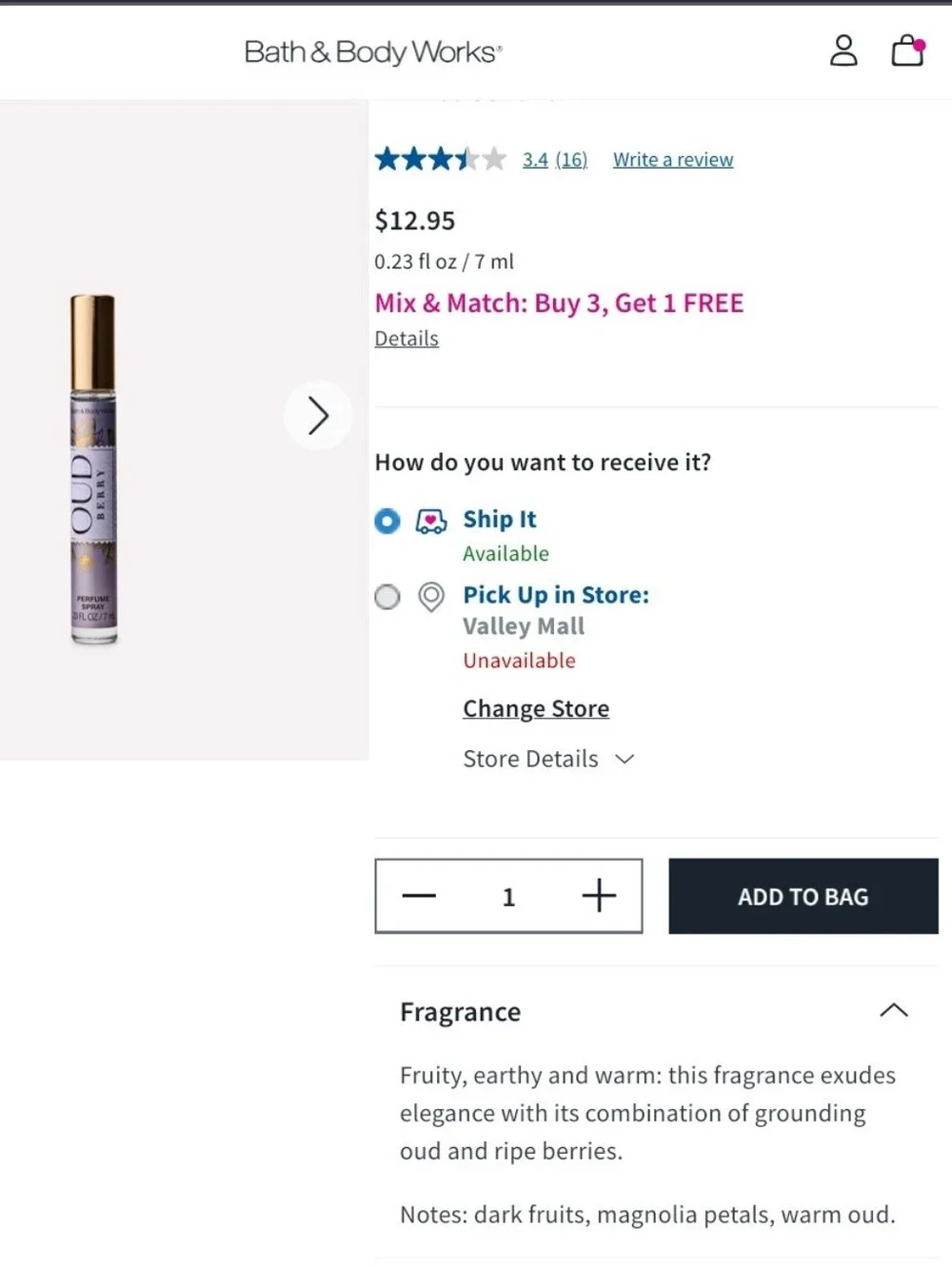 Bath & Body Works BERRY OUD Mini Travel Spray 7ml Like New Not Sealed